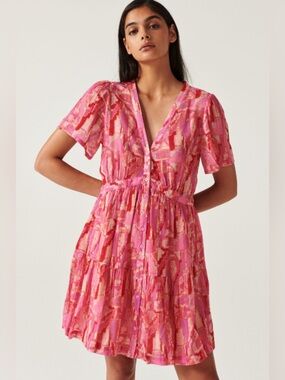 ba&sh Pink Abstract Print V-Neck Dress revolve Anthropologie gia tuckernuck co L